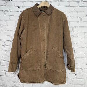 Vintage Woolrich Barn Chore Jacket Size L Brown Aztec Wool Lined USA Leather 80s